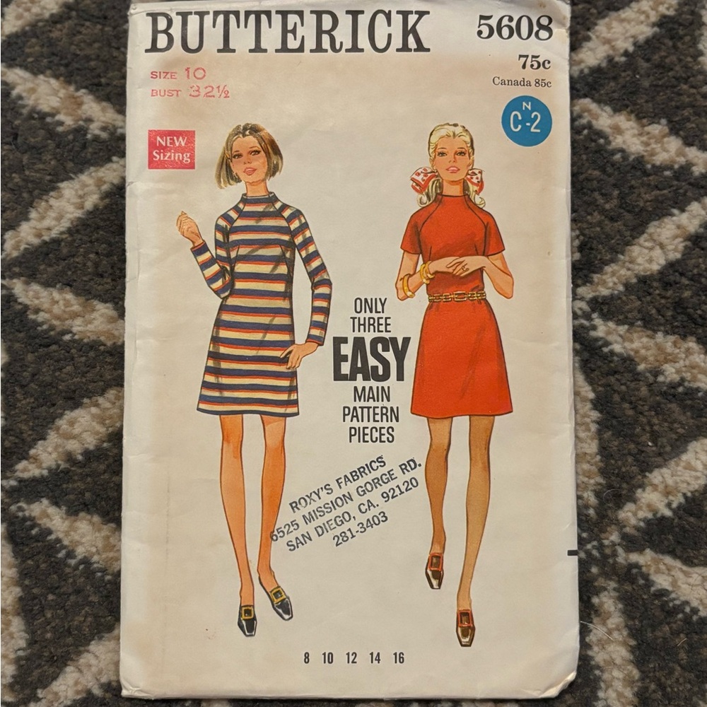 60/70's Butterick Dress Pattern - #5608 - Misses Size 10 - Bust 32.5 - Mod Dress